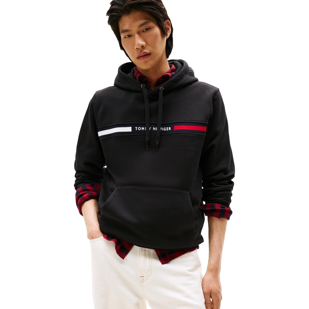 image:imageTommy Hilfiger Mens Medium Weight Fleece Hoodie Sweatshirt With Signature Stripe LogoBlack Wash