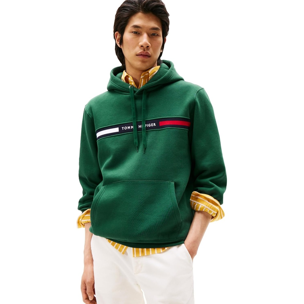 image:imageTommy Hilfiger Mens Medium Weight Fleece Hoodie Sweatshirt With Signature Stripe LogoOrnamental Green
