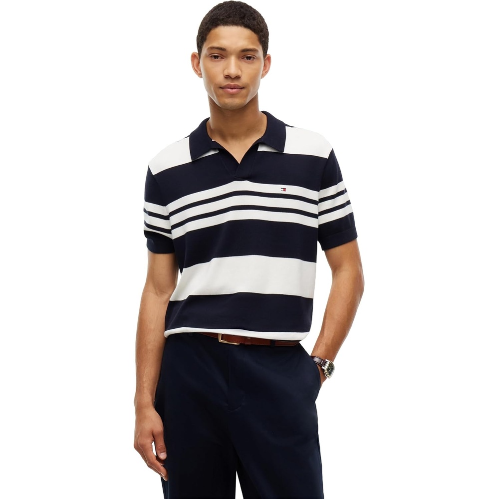 image:imageTommy Hilfiger Mens Short Sleeve Casual Cotton VNeck Polo ShirtNavy Blue Ivory Petal