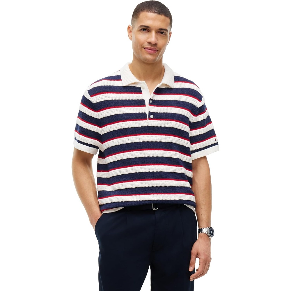 image:imageTommy Hilfiger Mens Short Sleeve Casual Knit Polo ShirtsIvory PetalCarbon NavyMedium Red