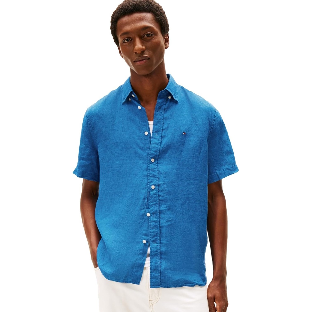 image:imageTommy Hilfiger Mens Short Sleeve Casual Linen Button Down Shirts in Regular FitBlue Orbit