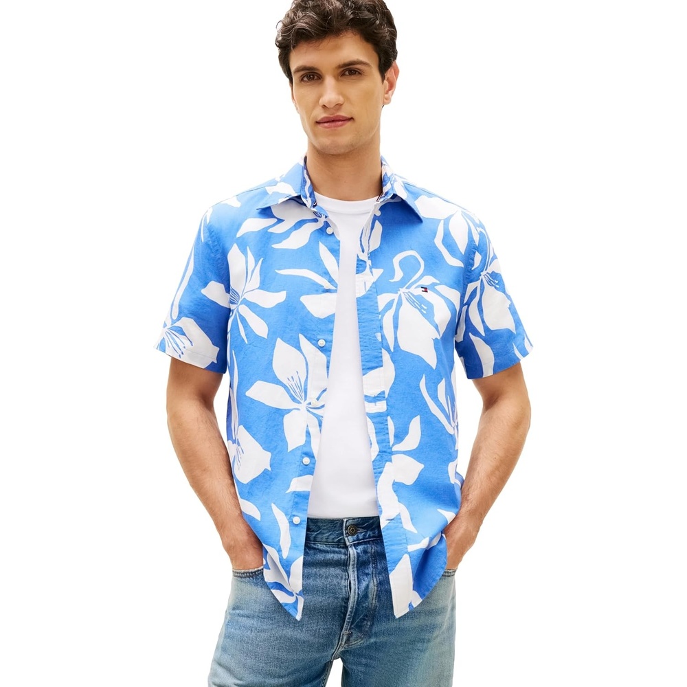 image:imageTommy Hilfiger Mens Short Sleeve Casual Linen Button Down Shirts in Regular FitBlue Spell  Allover