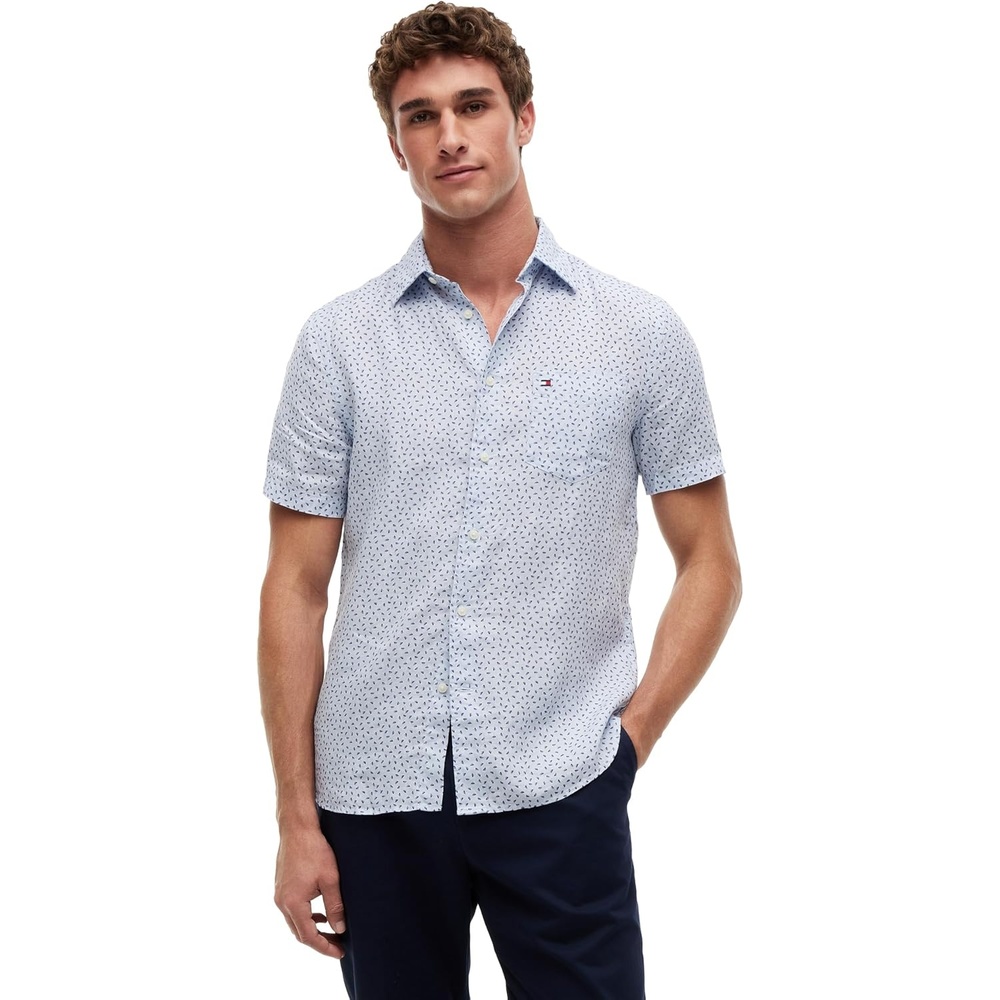 image:imageTommy Hilfiger Mens Short Sleeve Casual Linen Button Down Shirts in Regular FitBreezy Blue  Allover