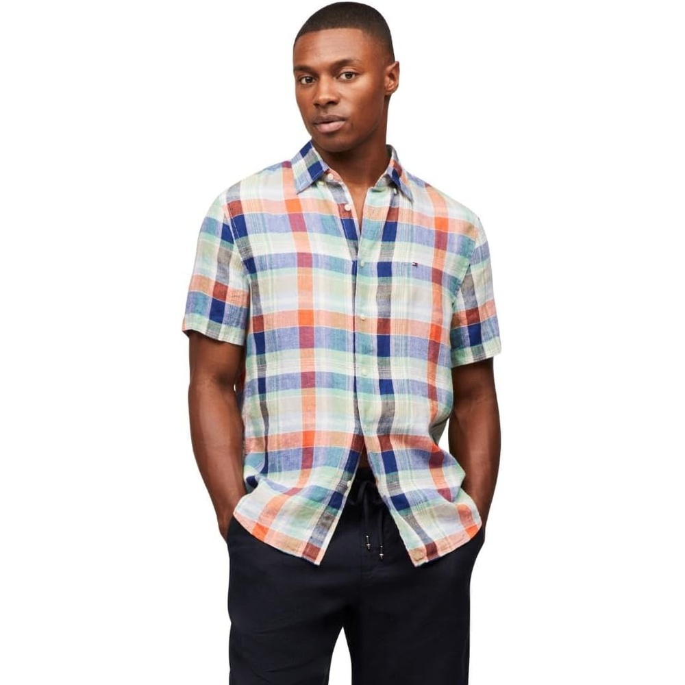 image:imageTommy Hilfiger Mens Short Sleeve Casual Linen Button Down Shirts in Regular FitBrilliant Orange Multi Check