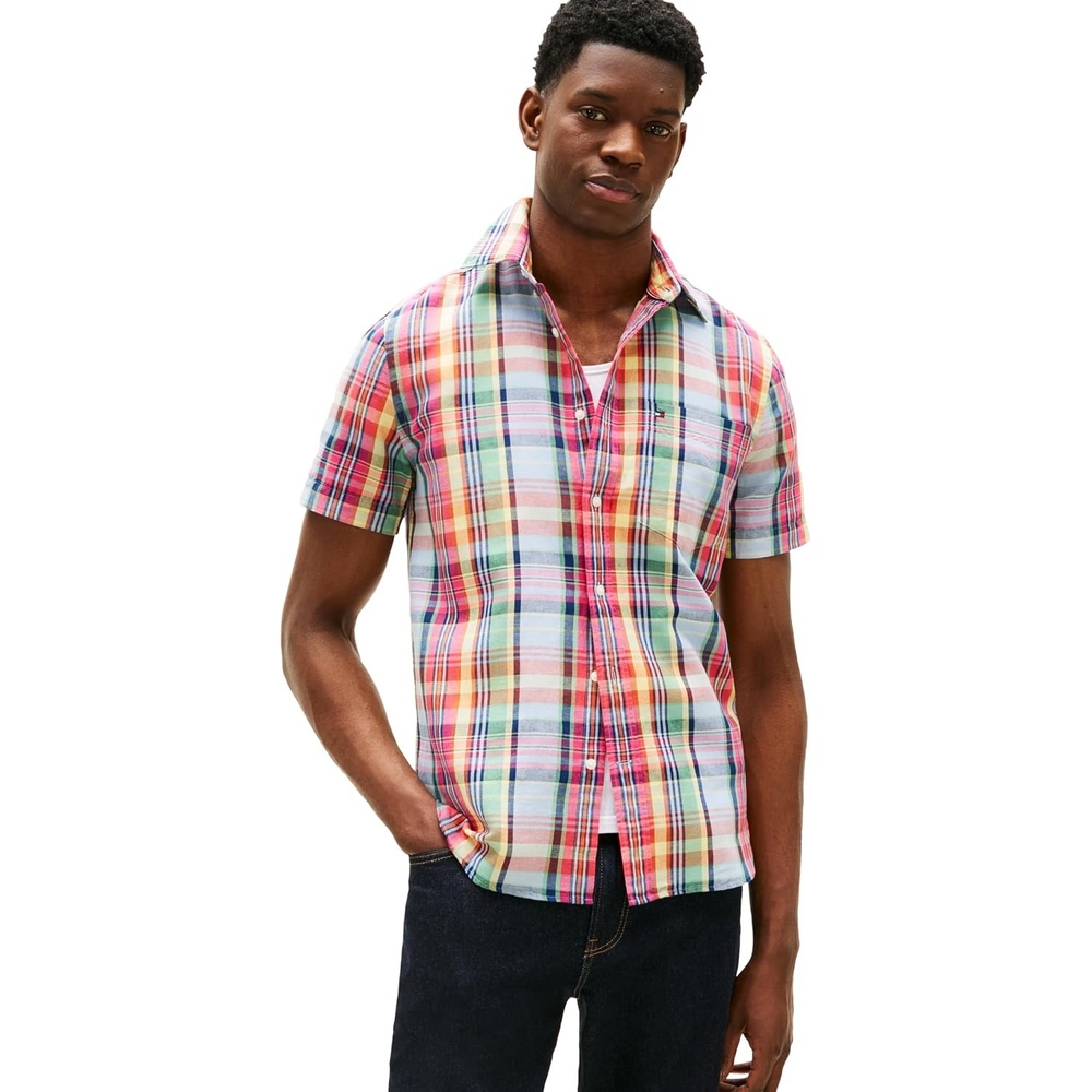 image:imageTommy Hilfiger Mens Short Sleeve Casual Linen Button Down Shirts in Regular FitBrilliant Orange Multi Check