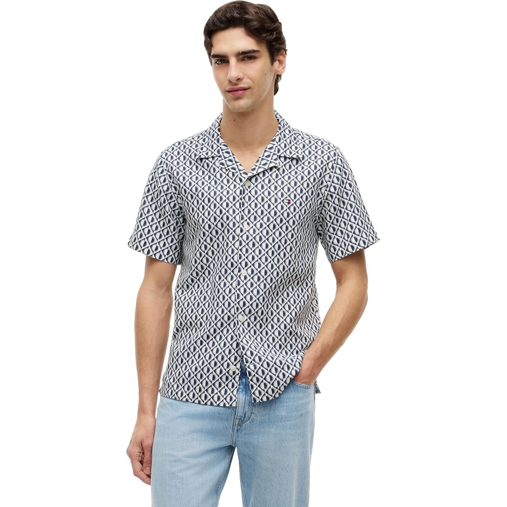 image:imageTommy Hilfiger Mens Short Sleeve Casual Linen Button Down Shirts in Regular FitCarbon Navy Allover