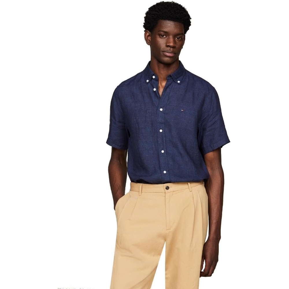 image:imageTommy Hilfiger Mens Short Sleeve Casual Linen Button Down Shirts in Regular FitCarbon Navy
