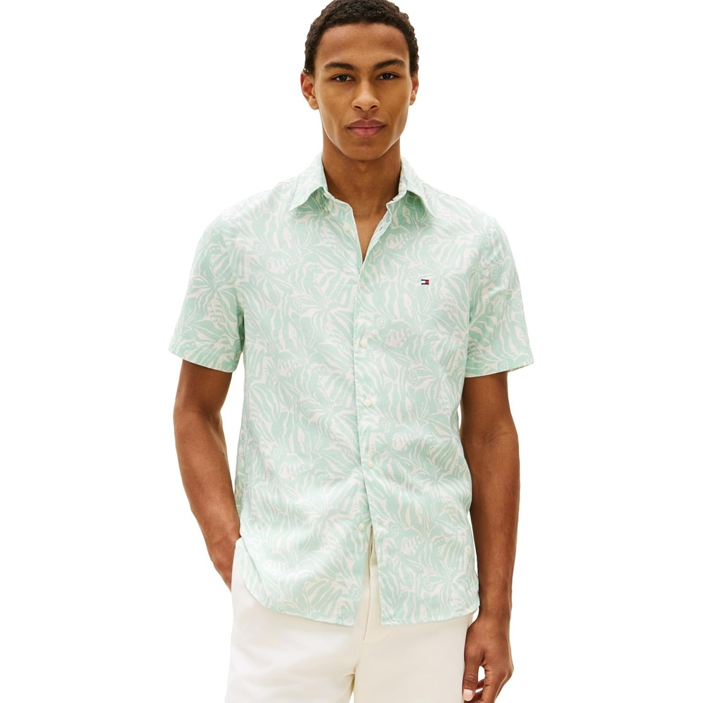 image:imageTommy Hilfiger Mens Short Sleeve Casual Linen Button Down Shirts in Regular FitCrushed Mint Allover