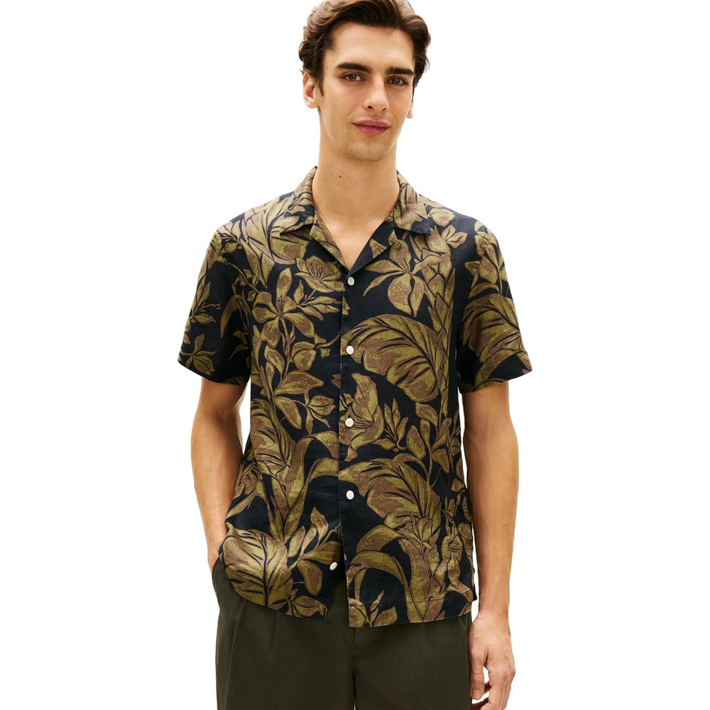 image:imageTommy Hilfiger Mens Short Sleeve Casual Linen Button Down Shirts in Regular FitDark Night Navy Allover