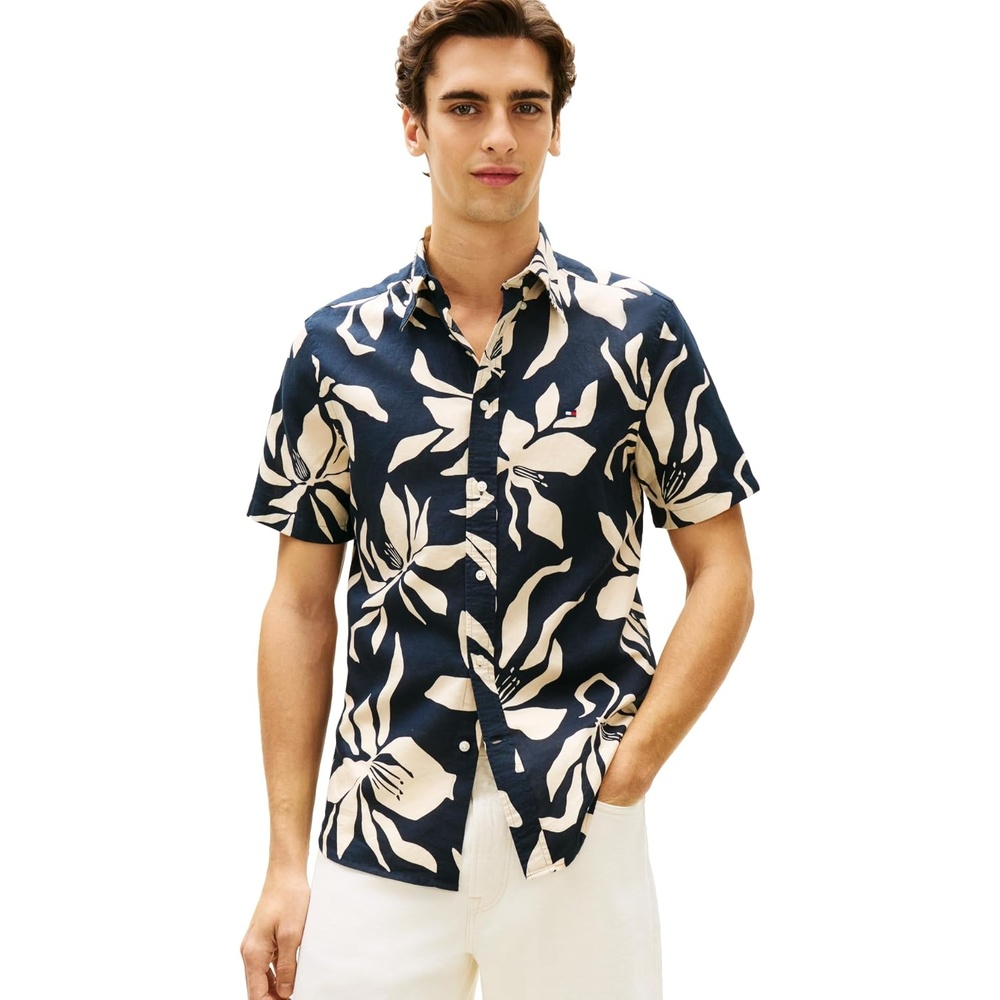 image:imageTommy Hilfiger Mens Short Sleeve Casual Linen Button Down Shirts in Regular FitDark Night Navy Cream