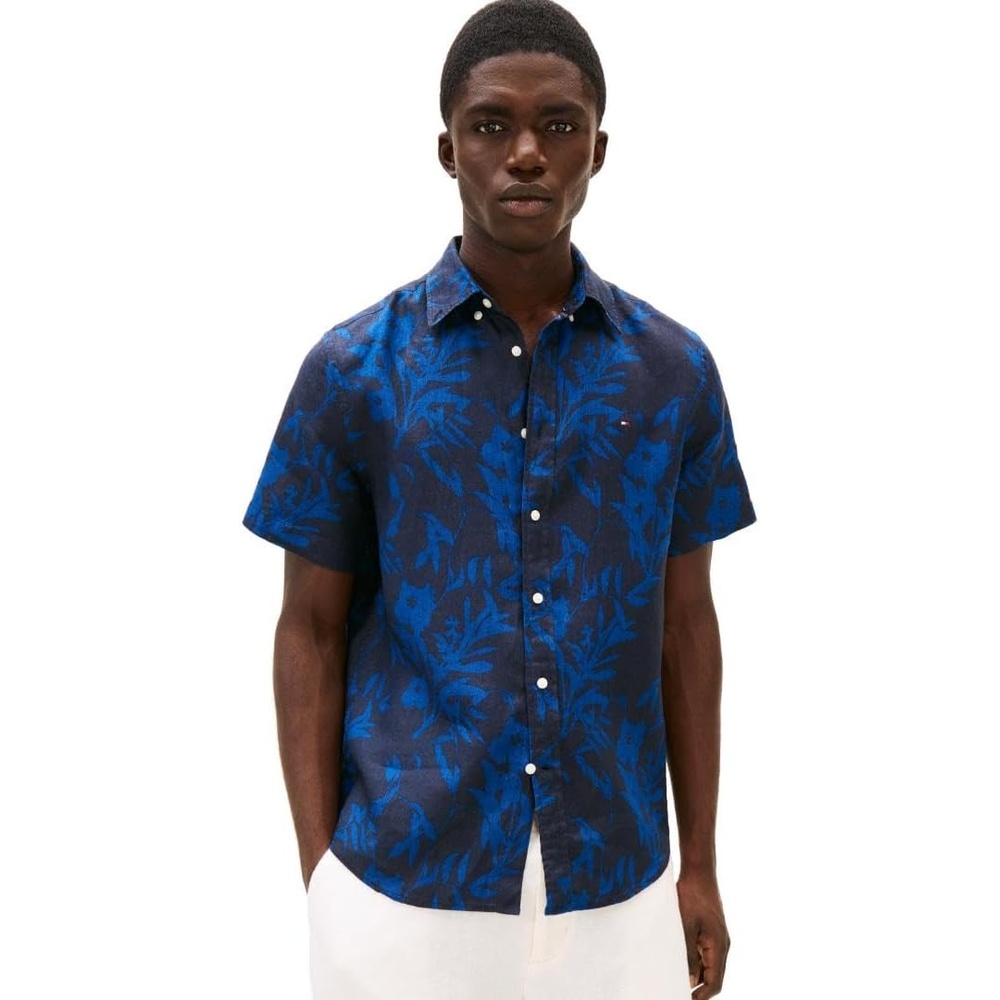 image:imageTommy Hilfiger Mens Short Sleeve Casual Linen Button Down Shirts in Regular FitDesert Sky Night Sky