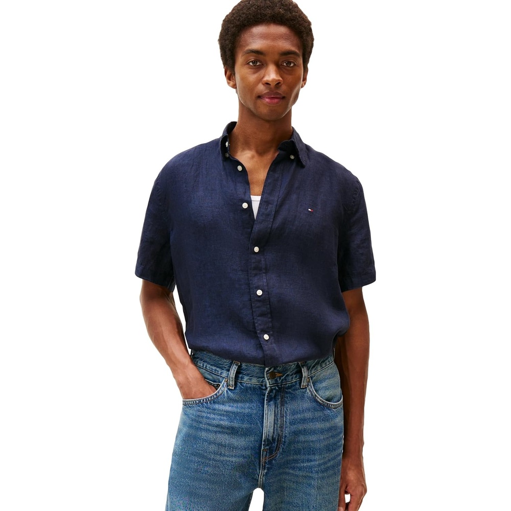 image:imageTommy Hilfiger Mens Short Sleeve Casual Linen Button Down Shirts in Regular FitDesert Sky