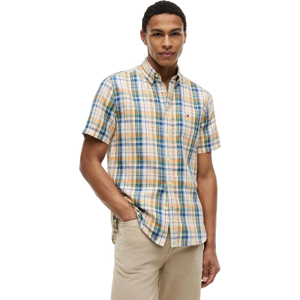 image:imageTommy Hilfiger Mens Short Sleeve Casual Linen Button Down Shirts in Regular FitIvory Petal Check