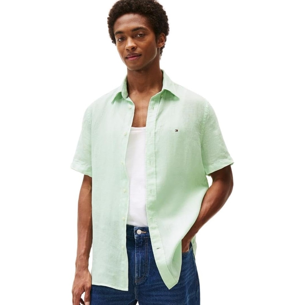 image:imageTommy Hilfiger Mens Short Sleeve Casual Linen Button Down Shirts in Regular FitOpal Green