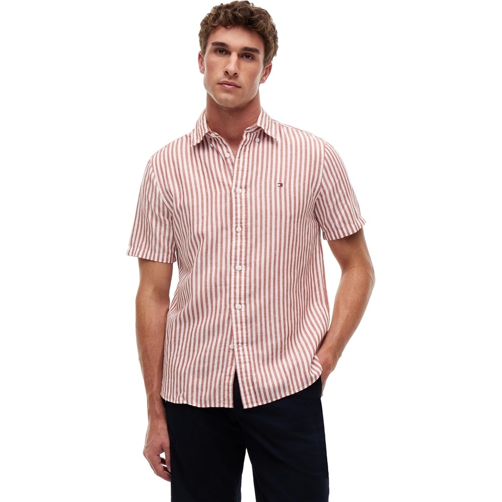 image:imageTommy Hilfiger Mens Short Sleeve Casual Linen Button Down Shirts in Regular FitRusty Ochre Stripe