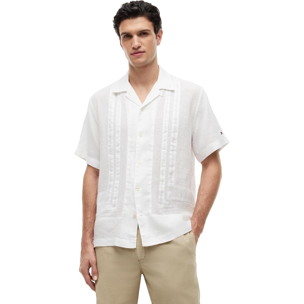 image:imageTommy Hilfiger Mens Short Sleeve Casual Linen Button Down Shirts in Regular FitWhiteMesh