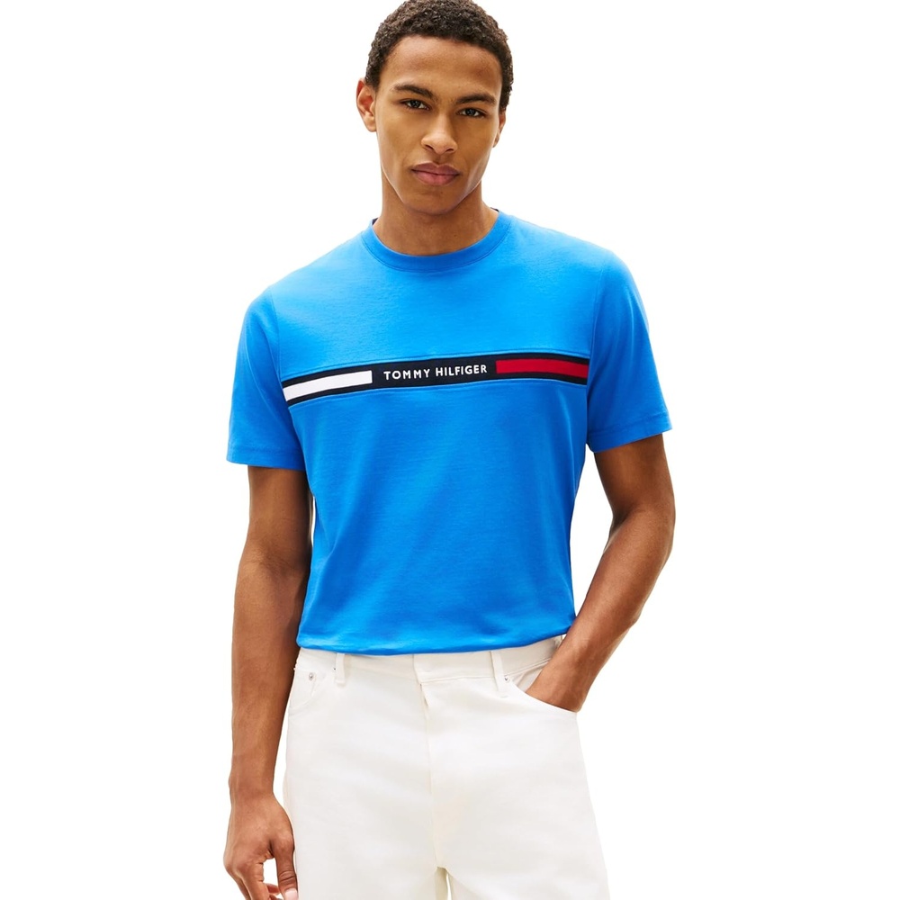 image:imageTommy Hilfiger Mens Short Sleeve Cotton Graphic TShirts with Signature Stripe Logo Also Available in Big amp TallBlue Orbit