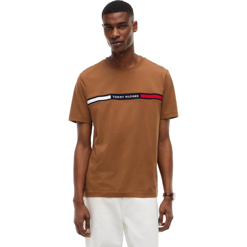 image:imageTommy Hilfiger Mens Short Sleeve Cotton Graphic TShirts with Signature Stripe Logo Also Available in Big amp TallTimeless Tawny