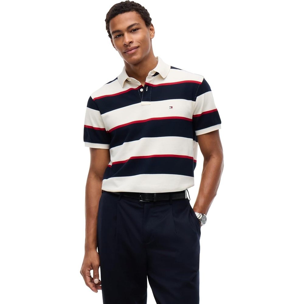 image:imageTommy Hilfiger Mens Short Sleeve Polo Shirts in Classic Fit with Stretch and Organic Pique CottonIvory Petal Navy Blue