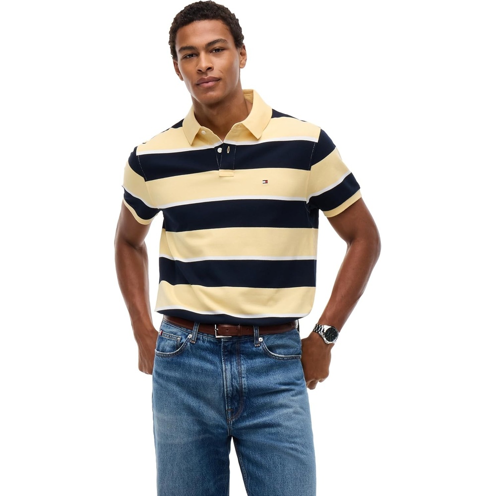 image:imageTommy Hilfiger Mens Short Sleeve Polo Shirts in Classic Fit with Stretch and Organic Pique CottonLight Daffodil Navy Blue
