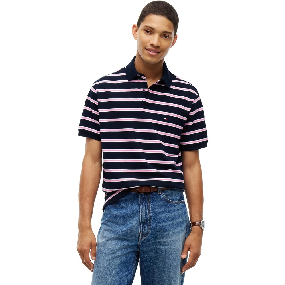 image:imageTommy Hilfiger Mens Short Sleeve Polo Shirts in Classic Fit with Stretch and Organic Pique CottonNavy Blue Synthetic Blush White