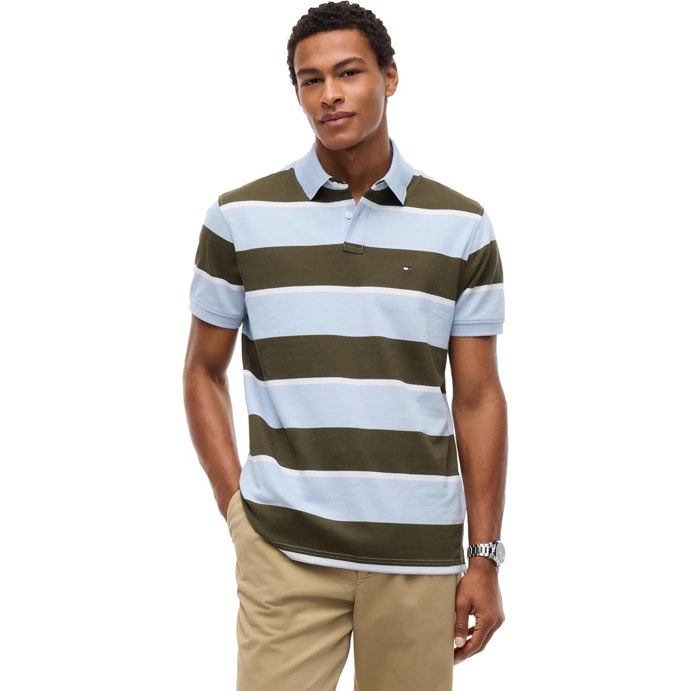 image:imageTommy Hilfiger Mens Short Sleeve Polo Shirts in Classic Fit with Stretch and Organic Pique CottonSky Blue Huntsman Green