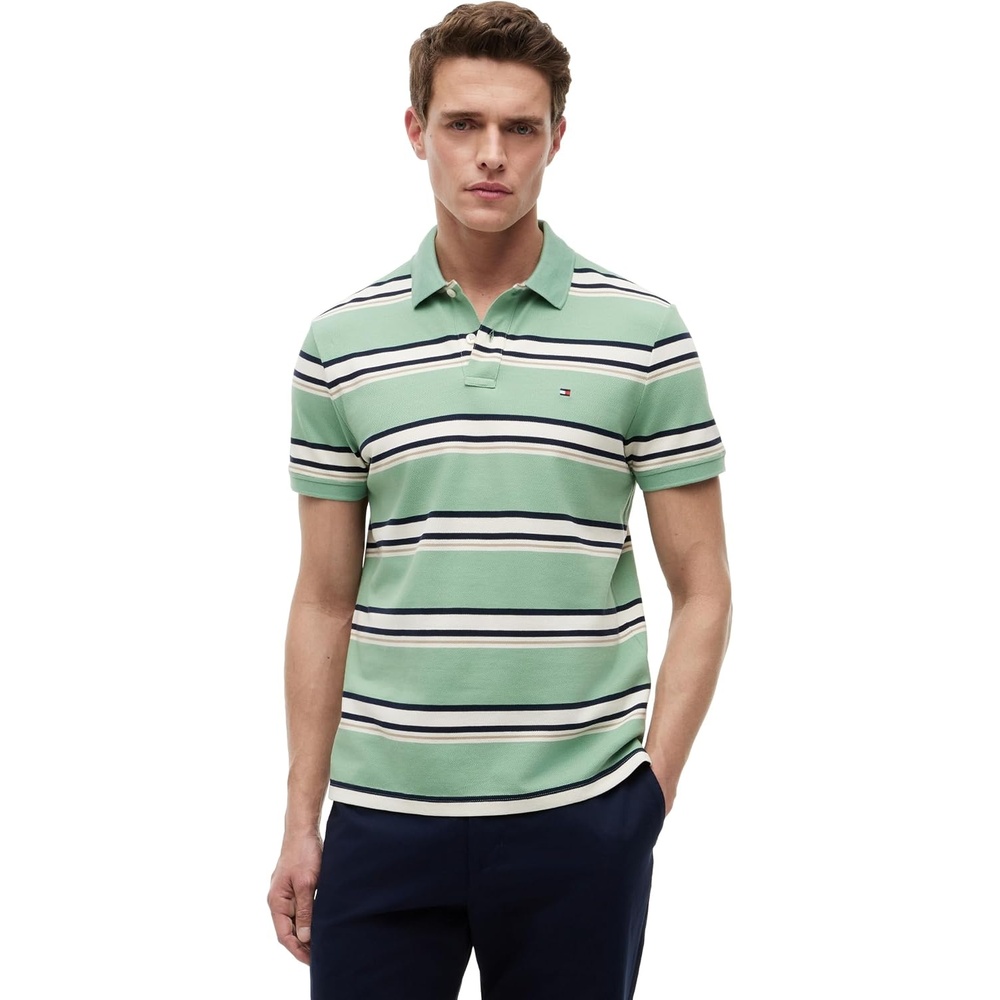 image:imageTommy Hilfiger Mens Short Sleeve Polo Shirts in Regular Fit With Stretch and Organic Pique CottonCut Grass Multi
