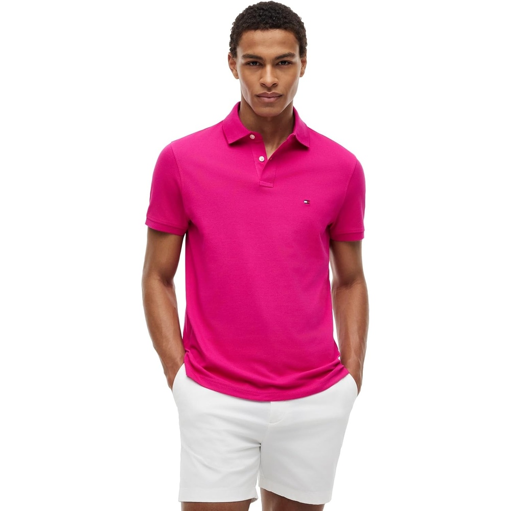 image:imageTommy Hilfiger Mens Short Sleeve Polo Shirts in Regular Fit With Stretch and Organic Pique CottonEccentric Magenta