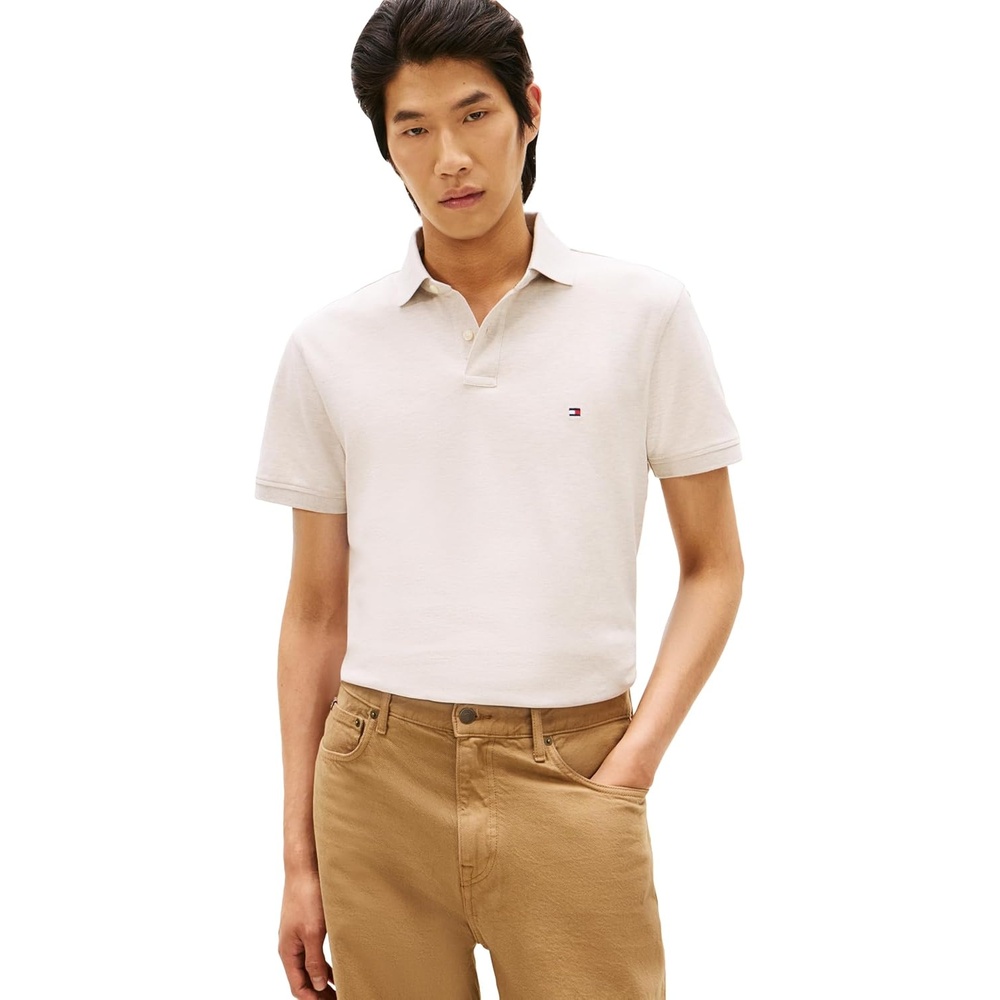 image:imageTommy Hilfiger Mens Short Sleeve Polo Shirts in Regular Fit With Stretch and Organic Pique CottonHeathered Oatmilk