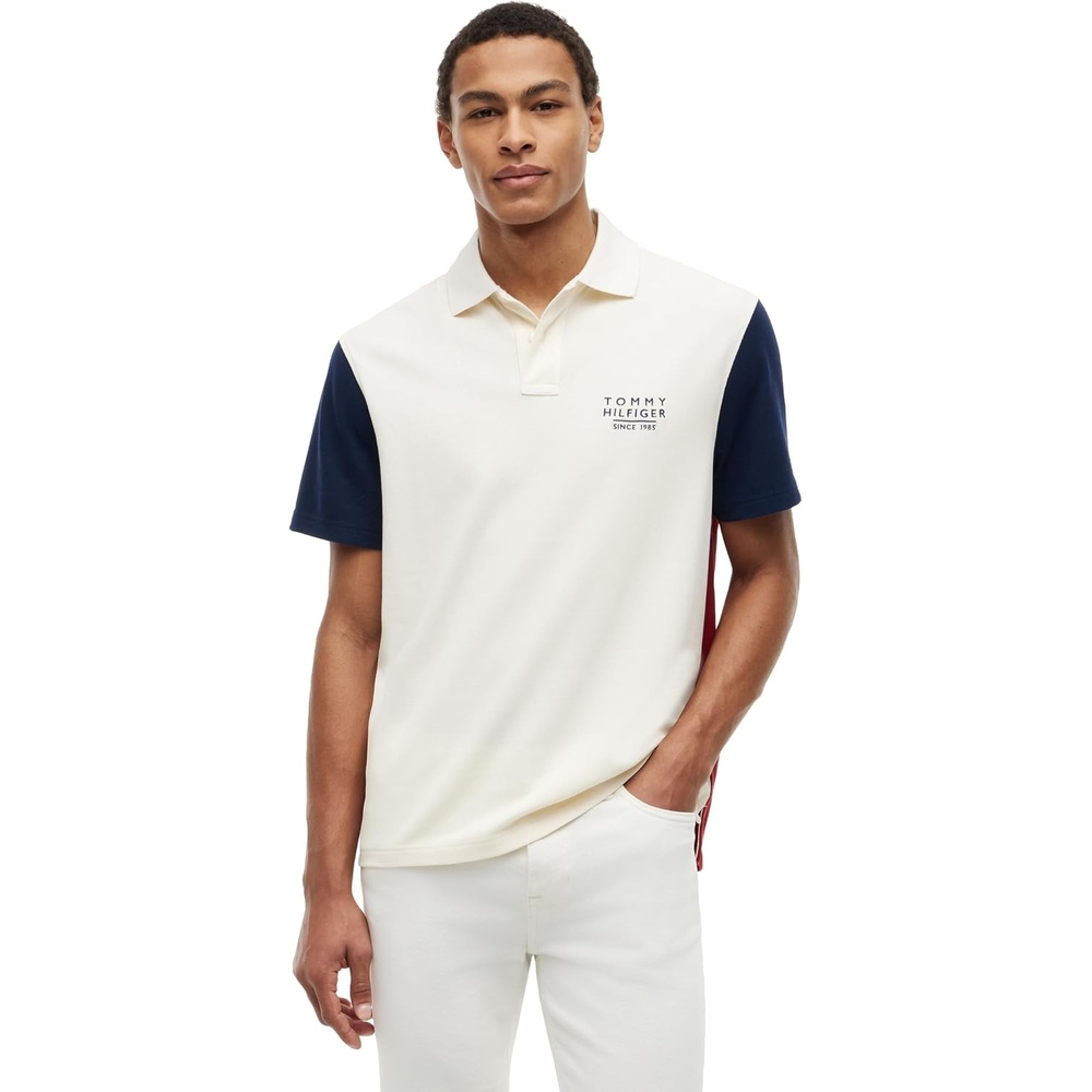 image:imageTommy Hilfiger Mens Short Sleeve Polo Shirts in Regular Fit With Stretch and Organic Pique CottonIvory Petal Colorblock