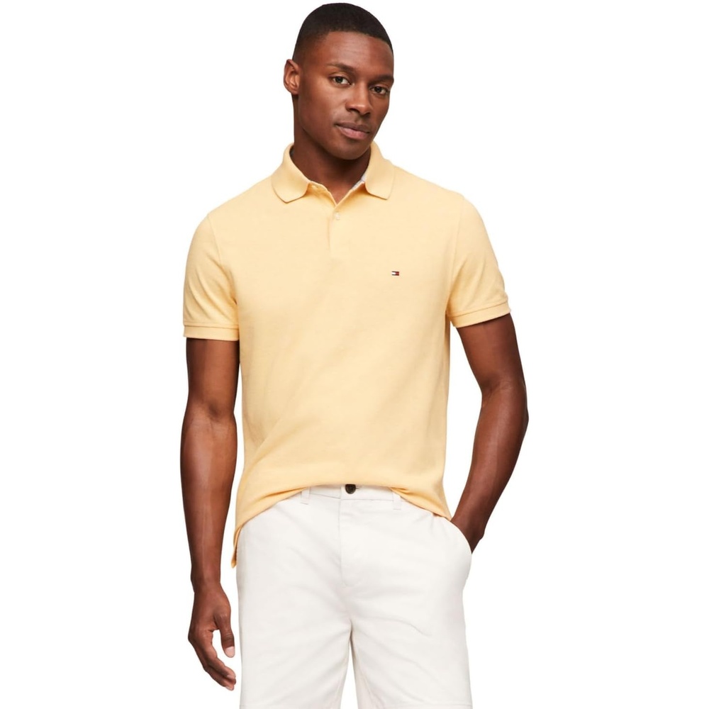 image:imageTommy Hilfiger Mens Short Sleeve Polo Shirts in Regular Fit With Stretch and Organic Pique CottonLight Yellow Heather