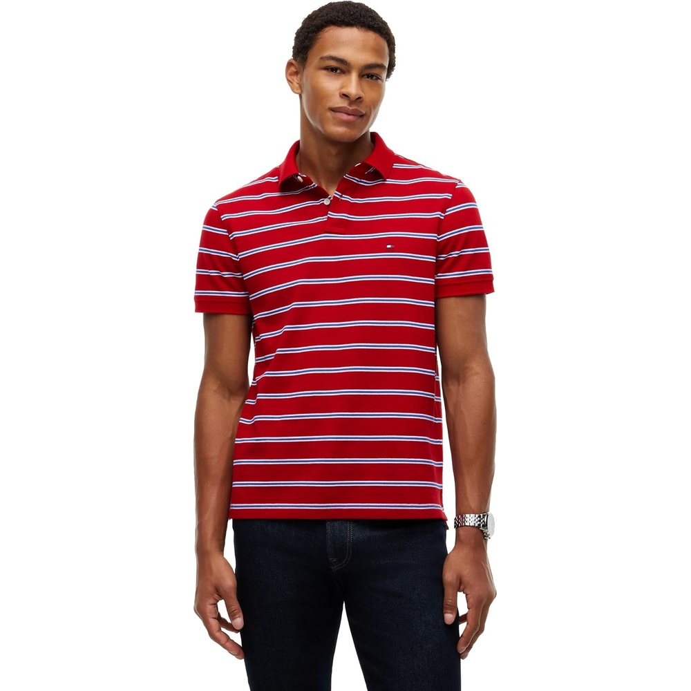 image:imageTommy Hilfiger Mens Short Sleeve Polo Shirts in Regular Fit With Stretch and Organic Pique CottonMedium Red White Ancient Blue