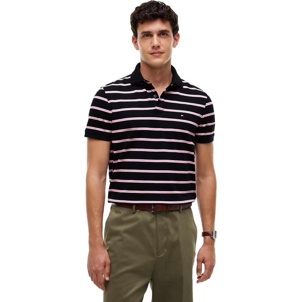 image:imageTommy Hilfiger Mens Short Sleeve Polo Shirts in Regular Fit With Stretch and Organic Pique CottonNavy Blue  Synthetic Blush  White