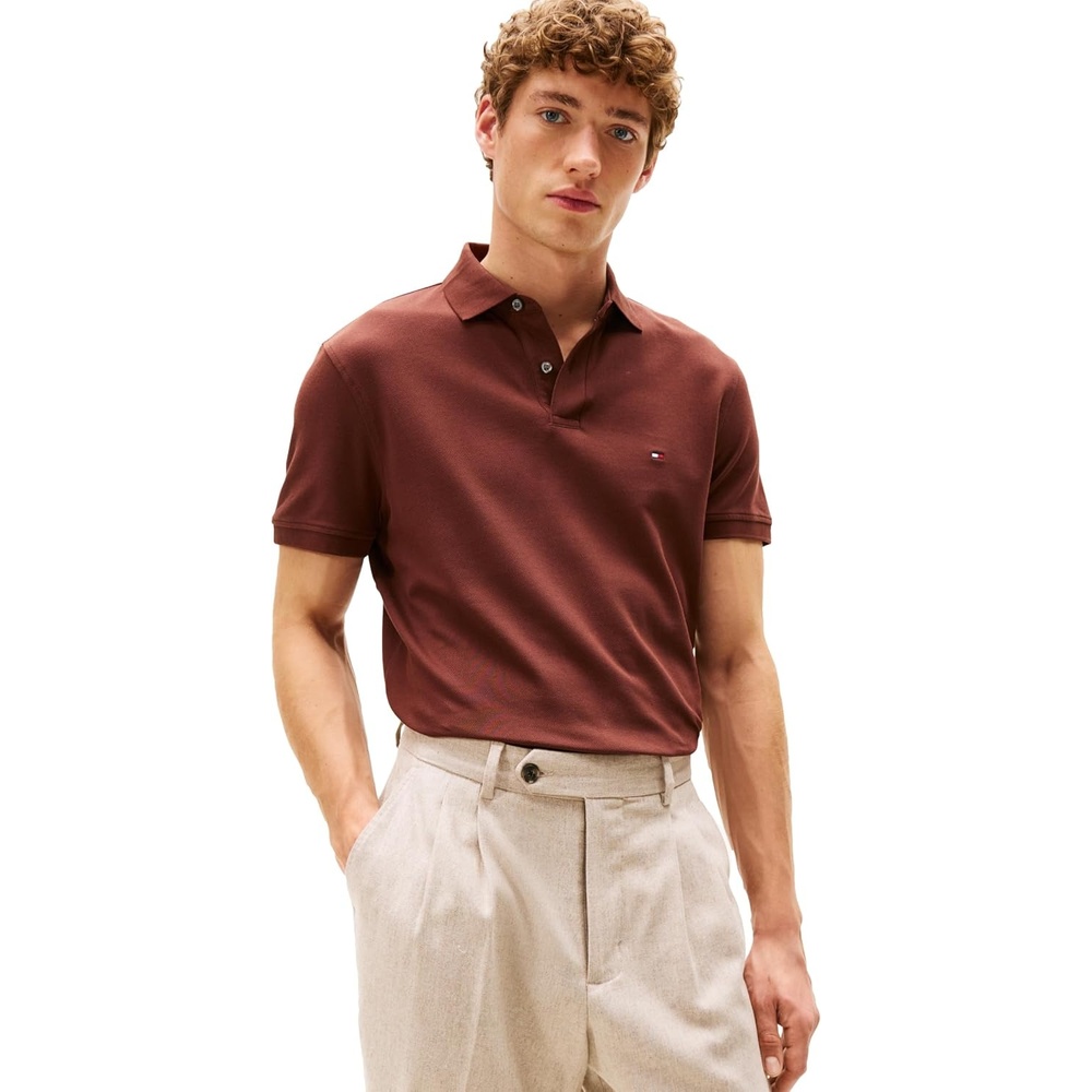 image:imageTommy Hilfiger Mens Short Sleeve Polo Shirts in Regular Fit With Stretch and Organic Pique CottonPure Brown