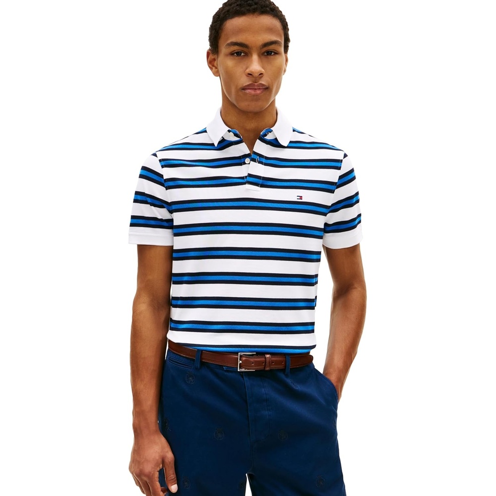 image:imageTommy Hilfiger Mens Short Sleeve Polo Shirts in Regular Fit With Stretch and Organic Pique CottonWhite Desert Sky Multi