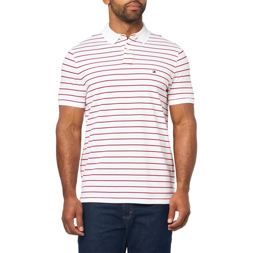 image:imageTommy Hilfiger Mens Short Sleeve Polo Shirts in Regular Fit With Stretch and Organic Pique CottonWhite Medium Red