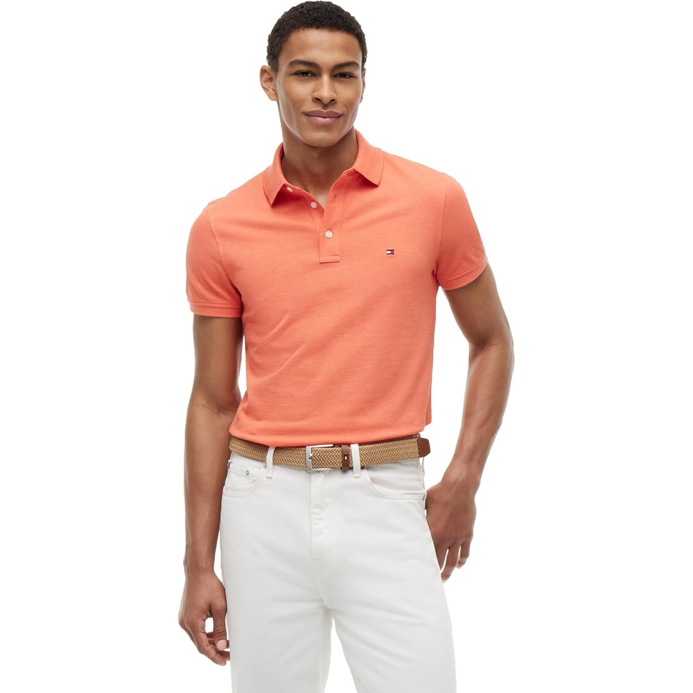 image:imageTommy Hilfiger Mens Short Sleeve Polo Shirts in Slim Fit with Stretch and Organic Pique CottonBrilliant Orange Heather