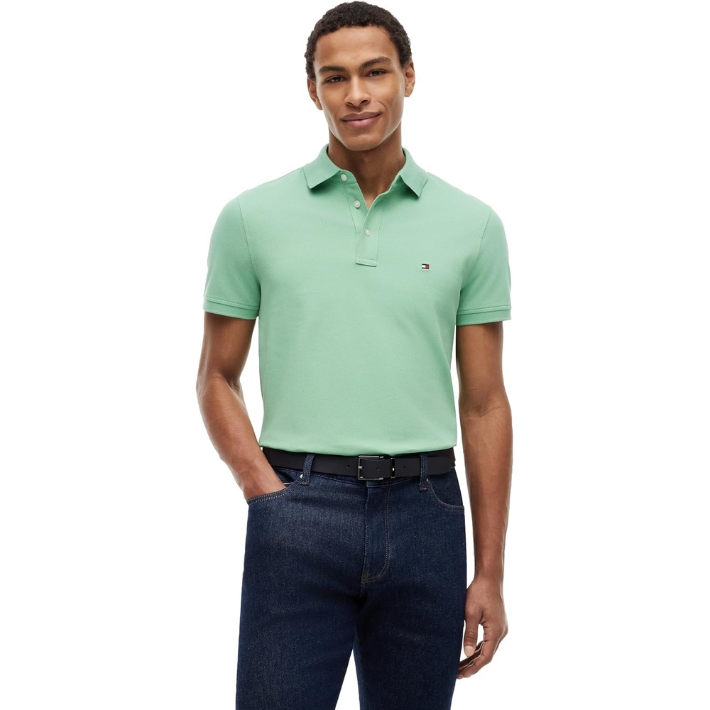 image:imageTommy Hilfiger Mens Short Sleeve Polo Shirts in Slim Fit with Stretch and Organic Pique CottonCut Grass
