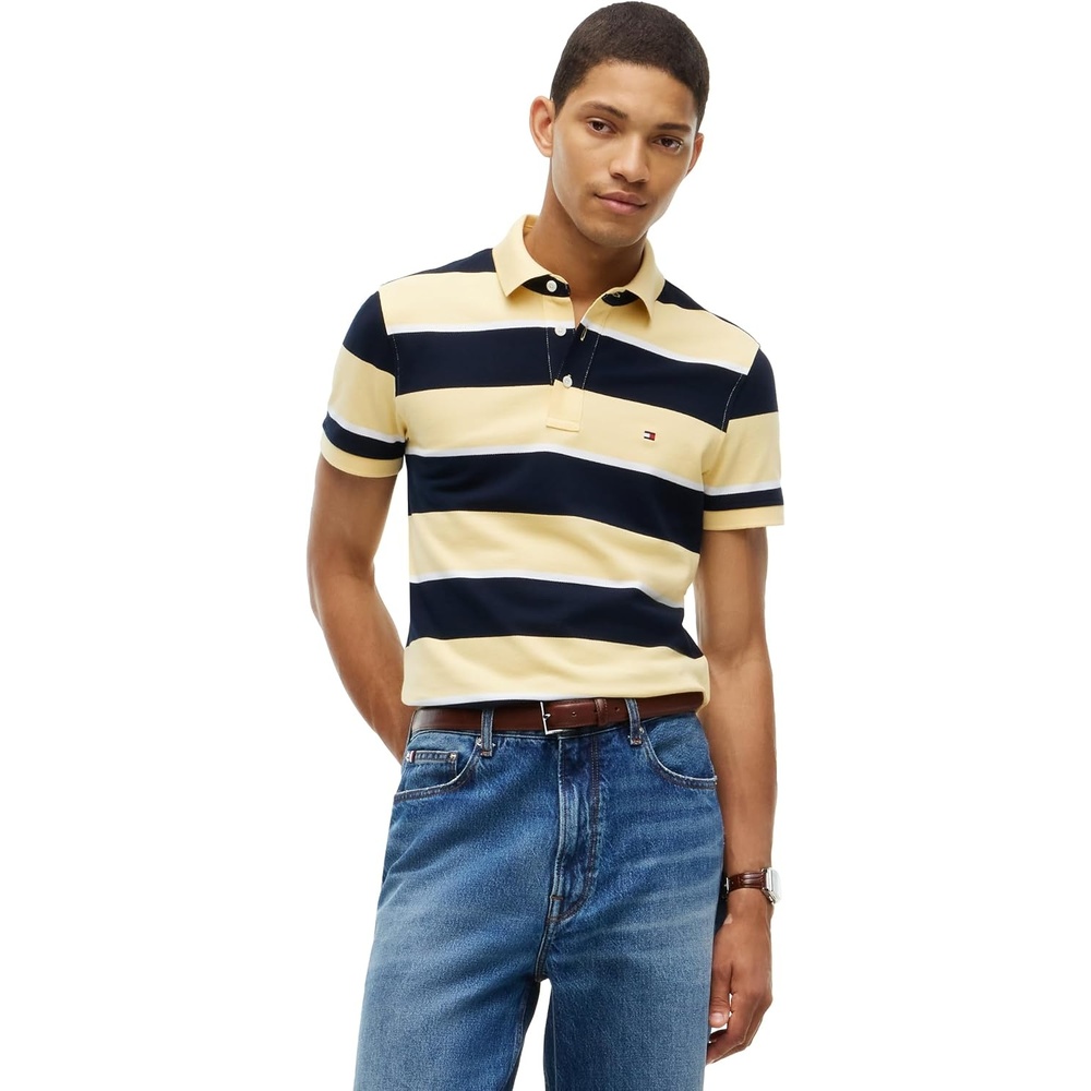 image:imageTommy Hilfiger Mens Short Sleeve Polo Shirts in Slim Fit with Stretch and Organic Pique CottonLight Daffodil Navy Blue