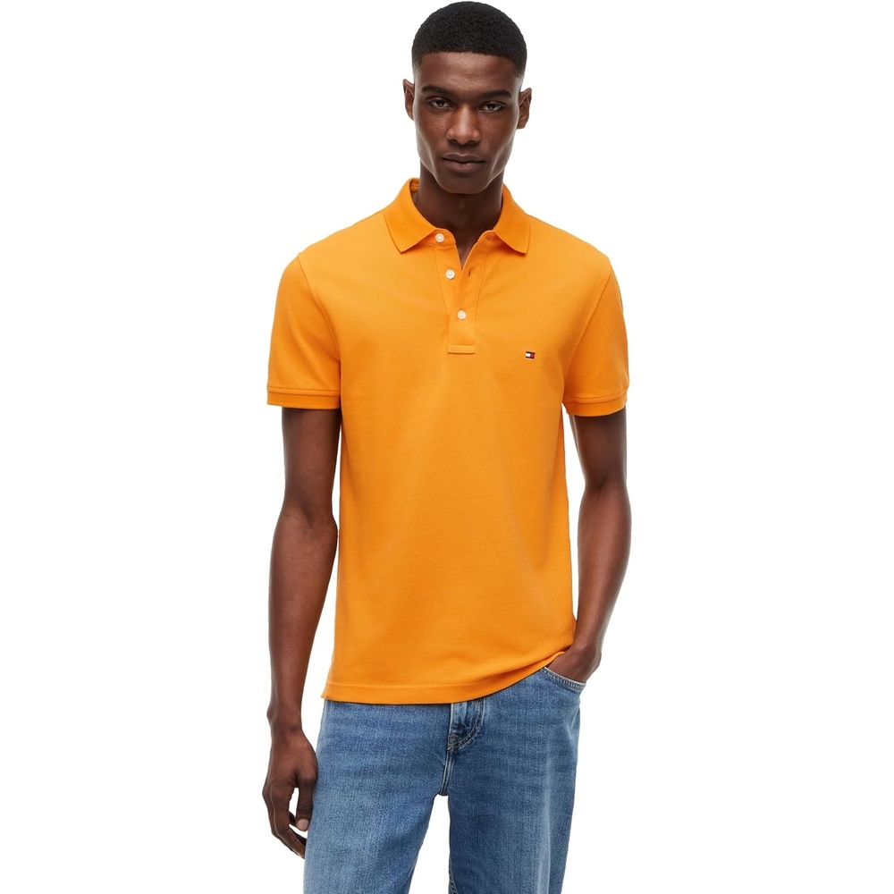 image:imageTommy Hilfiger Mens Short Sleeve Polo Shirts in Slim Fit with Stretch and Organic Pique CottonOrange Flash