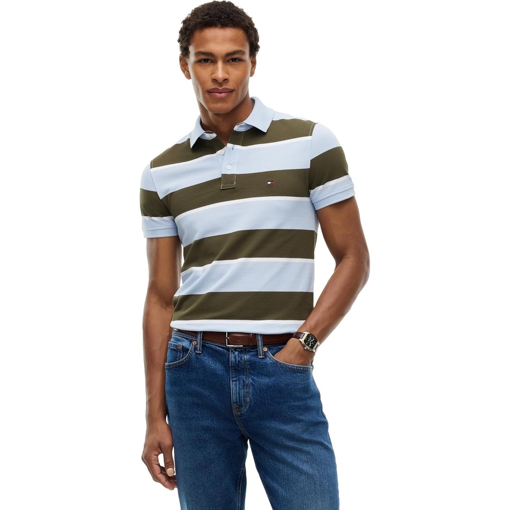 image:imageTommy Hilfiger Mens Short Sleeve Polo Shirts in Slim Fit with Stretch and Organic Pique CottonSky Blue Huntsman Green