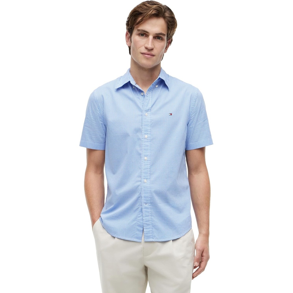 image:imageTommy Hilfiger Mens Short Sleeve Poplin Shirts in Regular Fit Mens Button Down ShirtsBlue Spell Check