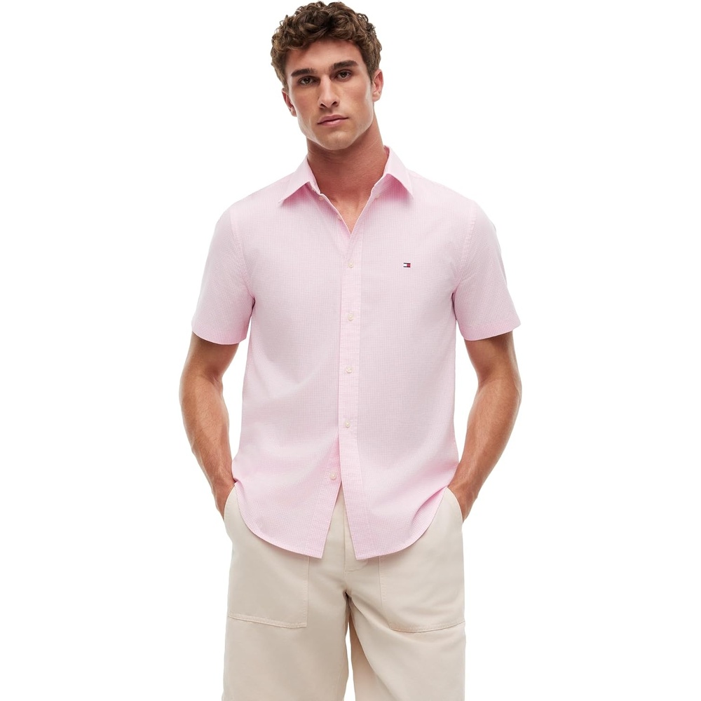 image:imageTommy Hilfiger Mens Short Sleeve Poplin Shirts in Regular Fit Mens Button Down ShirtsClassic Pink White Check