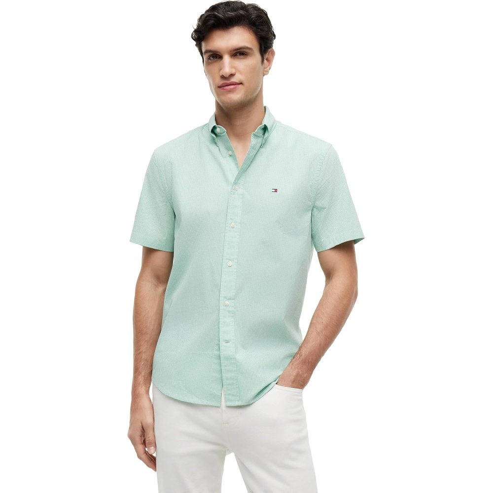 image:imageTommy Hilfiger Mens Short Sleeve Poplin Shirts in Regular Fit Mens Button Down ShirtsCut Grass Check