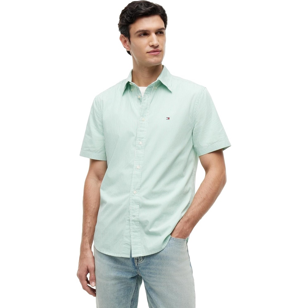 image:imageTommy Hilfiger Mens Short Sleeve Poplin Shirts in Regular Fit Mens Button Down ShirtsCut Grass Stripe
