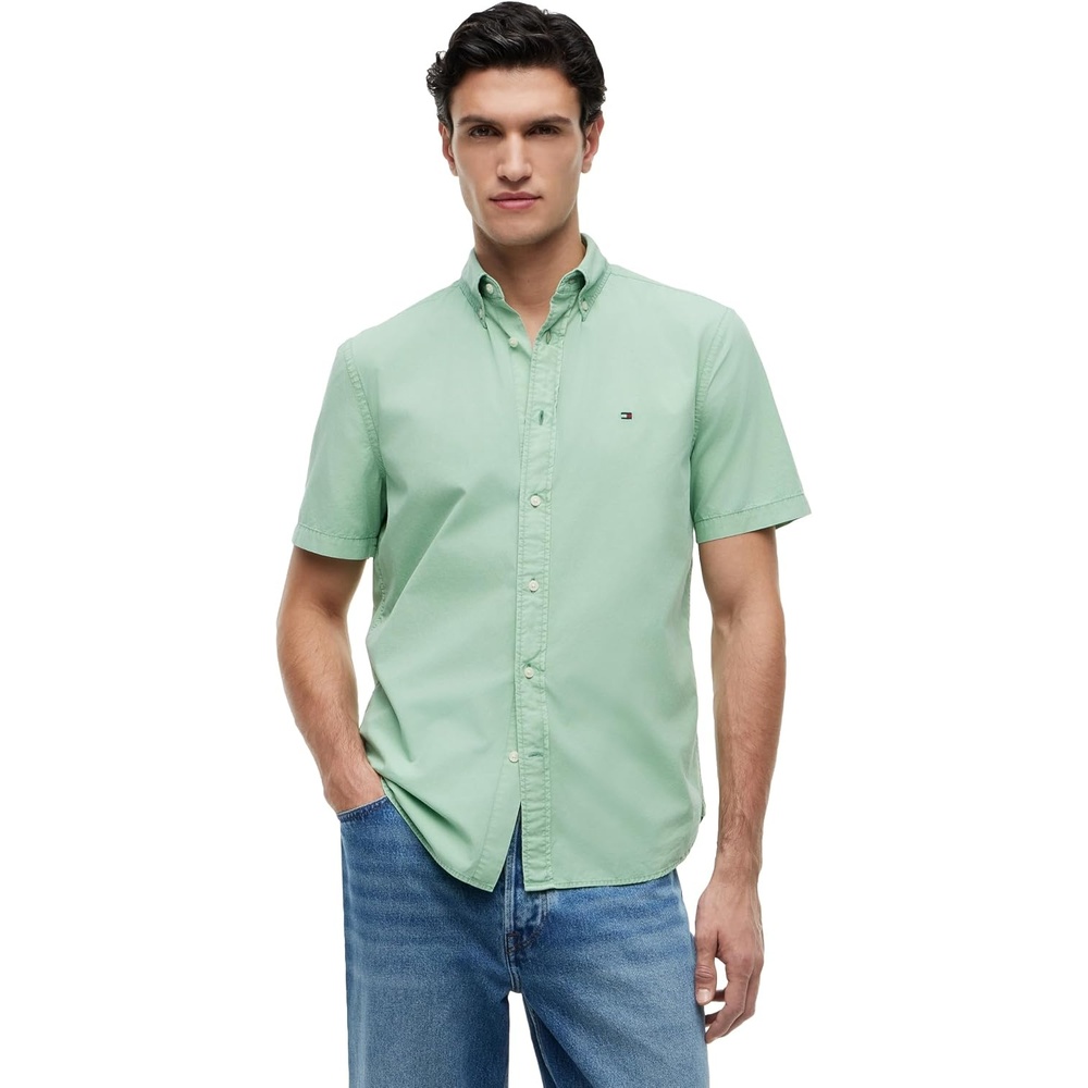 image:imageTommy Hilfiger Mens Short Sleeve Poplin Shirts in Regular Fit Mens Button Down ShirtsCut Grass