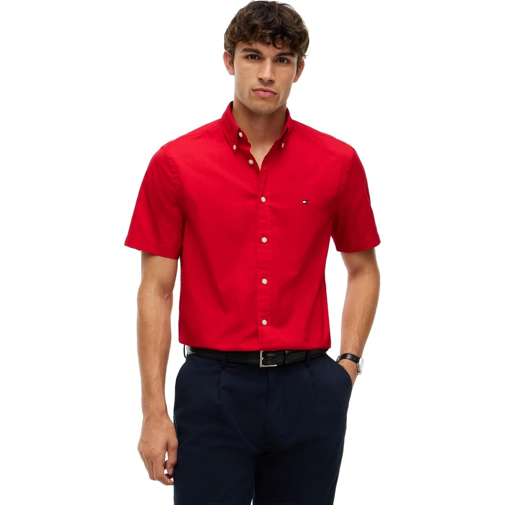 image:imageTommy Hilfiger Mens Short Sleeve Poplin Shirts in Regular Fit Mens Button Down ShirtsMedium Red