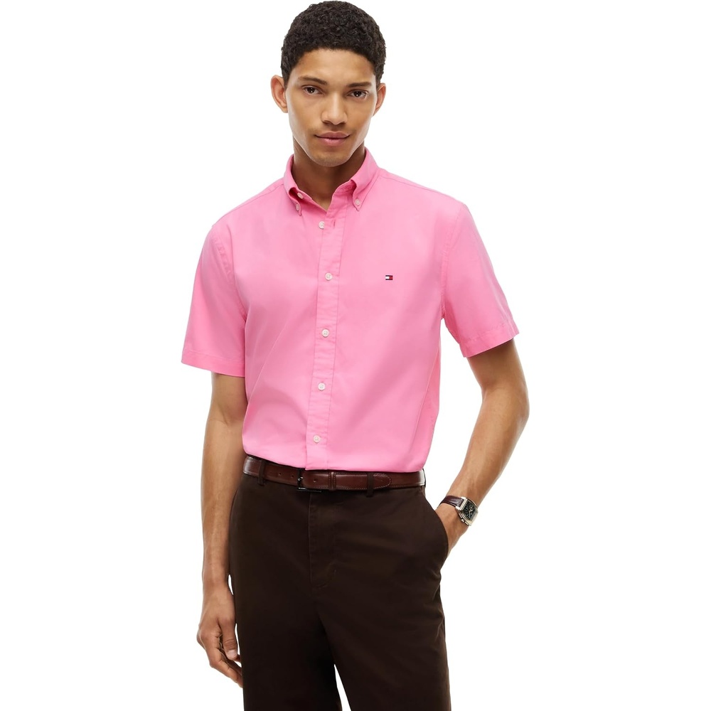 image:imageTommy Hilfiger Mens Short Sleeve Poplin Shirts in Regular Fit Mens Button Down ShirtsSynthetic Blush