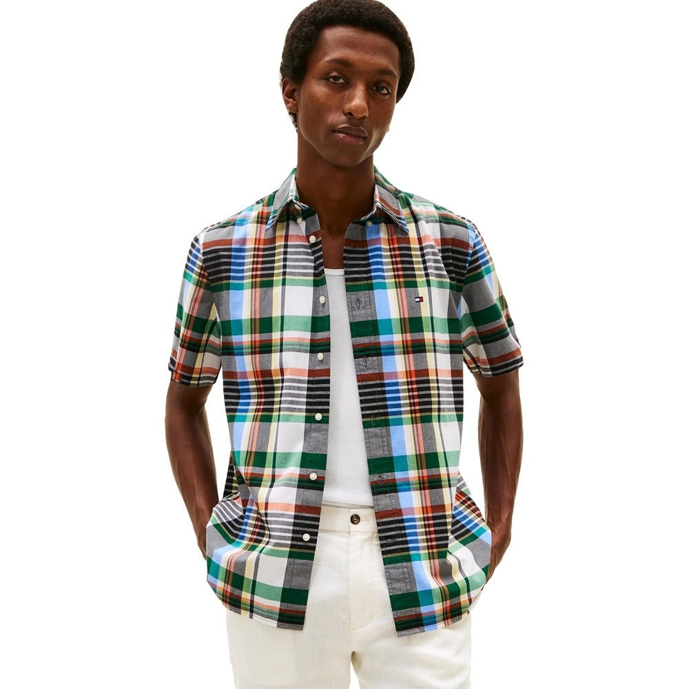 image:imageTommy Hilfiger Mens Short Sleeve Poplin Shirts in Regular Fit Mens Button Down ShirtsWhite Check Opt B