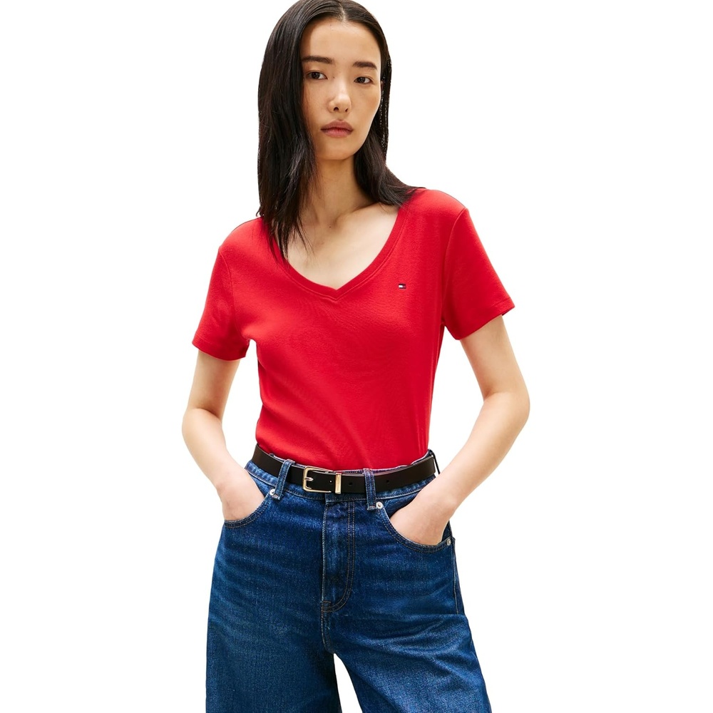 image:imageTommy Hilfiger Womens Basic Short Sleeve Cotton VNeck TShirtPrimary Red